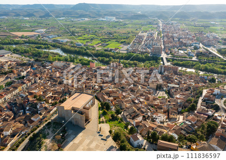 Drone view of two parts of Fraga divided by Cinca river 111836597