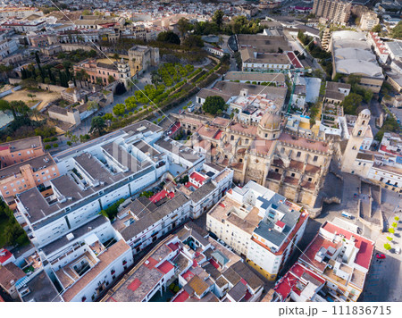 Aerial view of Jerez de la Frontera with Cathedral and Moorish alcazar Aerial view of Jerez de la Frontera with Cathedral and Moorish alcazar 111836715