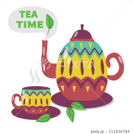 Vintage tea kettle with cup. Rustic teapot with teacup, leaves composition. Colored flat vector illustration isolated on white background 111836784