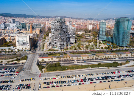 Aerial view of Barcelona cityscape with a modern apartment buildings 111836827