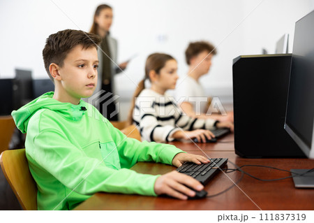Young boy learning to use personal computer during lesson 111837319