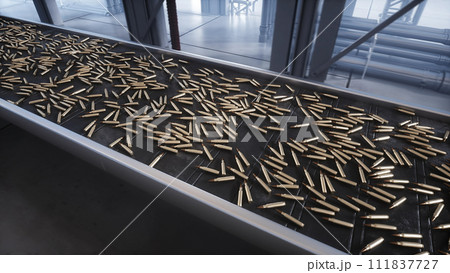 Bullet production, factory. Production line. War concept. 3d rendering Bullet production, factory. Production line. War concept. 3d rendering 111837727