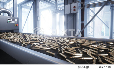 Bullet production, factory. Production line. War concept. 3d rendering 111837746