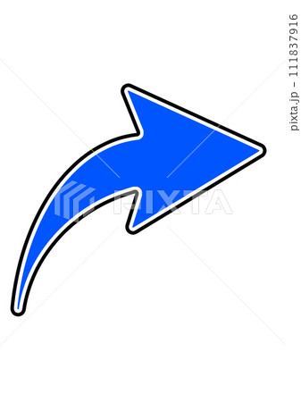 曲がる矢印　白黒縁　青 111837916