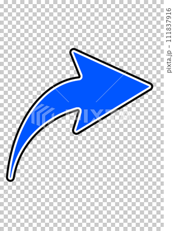 曲がる矢印　白黒縁　青 111837916