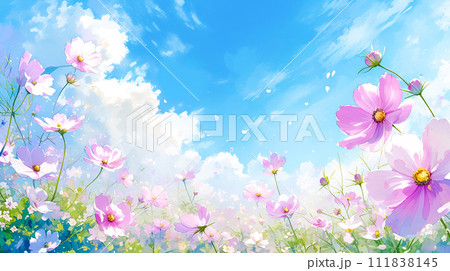 明るい青空の下に咲くコスモスの水彩イラスト風景「AI生成画像」 111838145