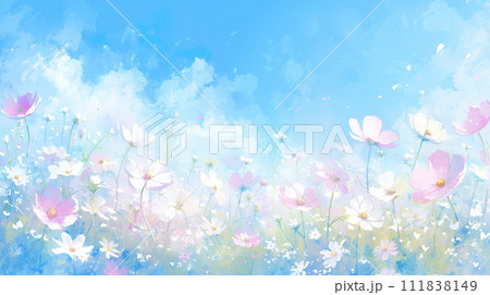 明るい青空の下に咲くコスモスの水彩イラスト風景「AI生成画像」 明るい青空の下に咲くコスモスの水彩イラスト風景「AI生成画像」 111838149