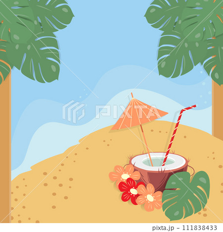Drink in half coconut with cocktail straw, umbrella inside, flowers and monstera leaf on the beach Drink in half coconut with cocktail straw, umbrella inside, flowers and monstera leaf on the beach 111838433