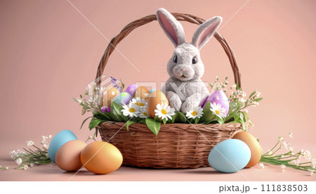 A cute and cheerful Easter bunny sits in a basket with Easter eggs and sweets 111838503