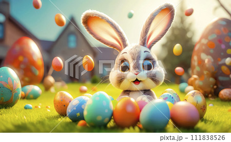 A cute and cheerful Easter bunny sits on a green lawn surrounded by Easter eggs and sweets 111838526