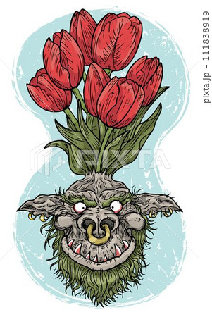 Hand drawn colorful vector illustration with engraved funny demon or gnome face as root of beautiful spring flower of Tulip isolated on white, garden fantasy concept 111838919