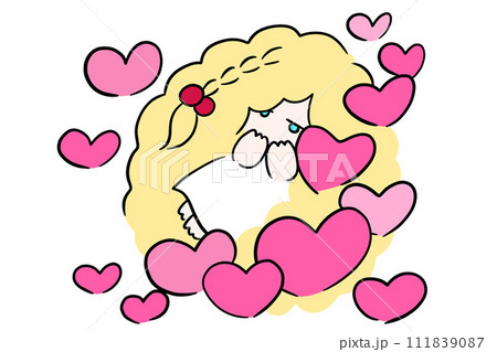 ハートがいっぱいの中に寝転ぶブロンドヘアの女の子のイラスト 111839087