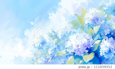 青紫色の紫陽花と美しい青空の水彩イラスト背景「AI生成画像」 111839352