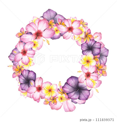 Wreath frame pink violet hibiscus, plumeria flower isolated on white background. Watercolor hand drawn frangipani botanical illustration. Art for design banner, poster, cosmetic, relaxation, template 111839371
