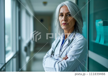 AI-generated content. A doctor wearing a white lab coat is seen leaning against a wall in a hospital. 111839466