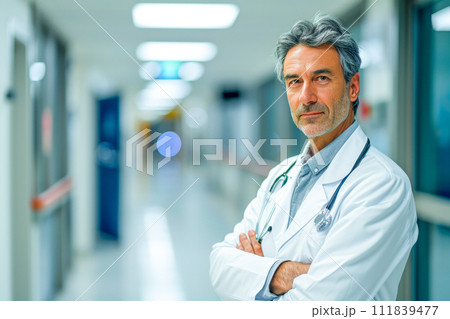 AI-generated content. A doctor wearing a white lab coat stands in a hospital hallway. 111839477