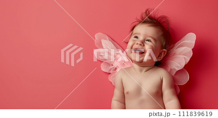 AI-generated content. A Baby With Angel Wings Is Smiling On A Pink Background AI-generated content. A Baby With Angel Wings Is Smiling On A Pink Background 111839619