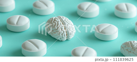 AI-generated content. A Brain Made Out Of Pills On A Blue Surface 111839625