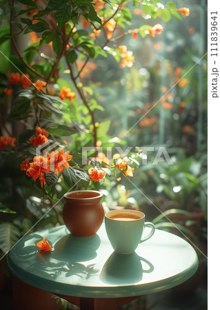 AI-generated content. Coffee break in cozy cafe and natural background. AI-generated content. Coffee break in cozy cafe and natural background. 111839641