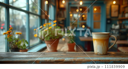 AI-generated content. Coffee break in cozy cafe and natural background. AI-generated content. Coffee break in cozy cafe and natural background. 111839909