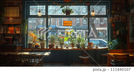 AI-generated content. Coffee break in cozy cafe and natural background. AI-generated content. Coffee break in cozy cafe and natural background. 111840107