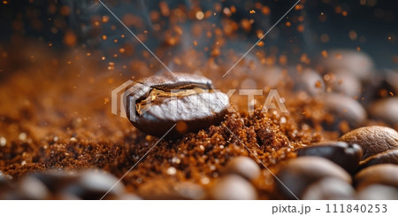 AI-generated content. Extreme macro photography of fresh roasted coffee beans ground. 111840253