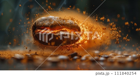AI-generated content. Extreme macro photography of fresh roasted coffee beans ground. 111840254