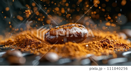 AI-generated content. Extreme macro photography of fresh roasted coffee beans ground. 111840256