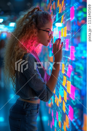 AI-generated content. Serious focused young female business woman working on project strategy plan. writing target tasks creative ideas on sticky post it notes on glass scrum board office wall 111840569