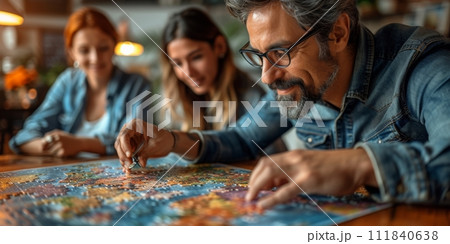 AI-generated content. Group of business people assembling jigsaw puzzle and represent team support and help concept 111840638