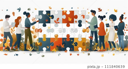 AI-generated content. Group of business people assembling jigsaw puzzle and represent team support and help concept 111840639