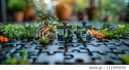 AI-generated content. Group of business people assembling jigsaw puzzle and represent team support and help concept 111840640