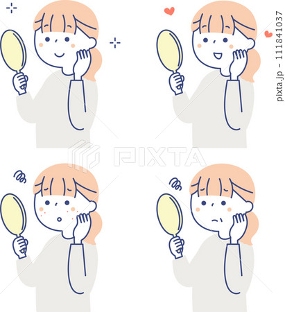 鏡を見ている若い女性のイラストセット 111841037