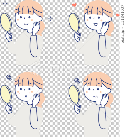 鏡を見ている若い女性のイラストセット 111841037