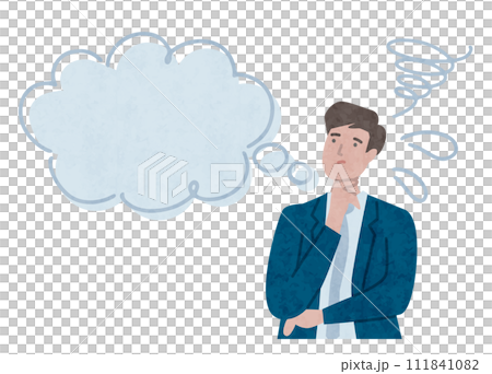 悩む、考えるス、スーツを着た男性のビジネスパーソンのイラスト素材 111841082
