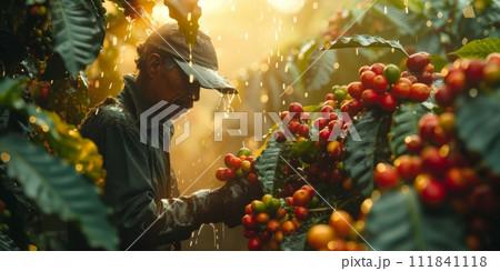 AI-generated content. Man picking coffee beans on a sunny day. Coffee farmer is harvesting coffee berries. Brazil AI-generated content. Man picking coffee beans on a sunny day. Coffee farmer is harvesting coffee berries. Brazil 111841118