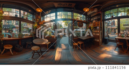 AI-generated content. Cafe bar restaurant nobody indoor. Empty coffee shop interior daytime with wooden design counter red brick wall in background. 111841156