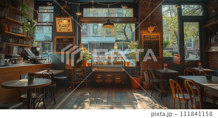 AI-generated content. Cafe bar restaurant nobody indoor. Empty coffee shop interior daytime with wooden design counter red brick wall in background. 111841158