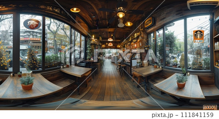 AI-generated content. Cafe bar restaurant nobody indoor. Empty coffee shop interior daytime with wooden design counter red brick wall in background. 111841159