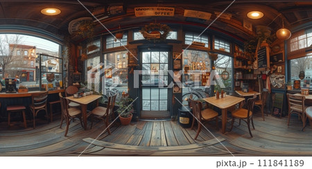 AI-generated content. Cafe bar restaurant nobody indoor. Empty coffee shop interior daytime with wooden design counter red brick wall in background. AI-generated content. Cafe bar restaurant nobody indoor. Empty coffee shop interior daytime with wooden design counter red brick wall in background. 111841189