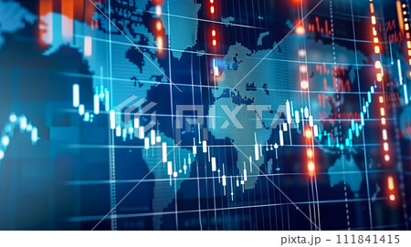 モニタに出力された株価チャートと世界地図 111841415