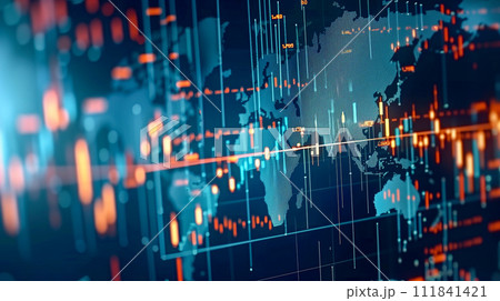 モニタに出力された株価チャートと世界地図 モニタに出力された株価チャートと世界地図 111841421