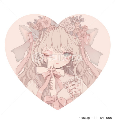 十字架を持つ女の子のイラスト(ハート型) 十字架を持つ女の子のイラスト(ハート型) 111841600