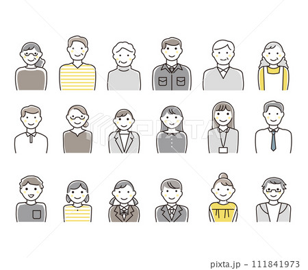 シンプルな線画で描かれた、多世代の男性と女性のイラストセット 111841973