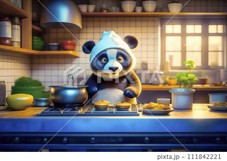 Serious and handsome Panda chef preparing food in the kitchen 111842221