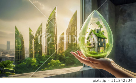 Eco-friendly modern house in female hands, concept of ecology and environmental protection Eco-friendly modern house in female hands, concept of ecology and environmental protection 111842234