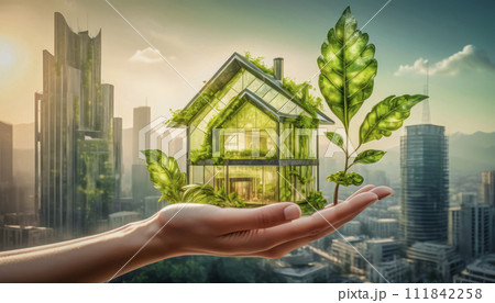 Eco-friendly modern house in female hands, concept of ecology and environmental protection 111842258