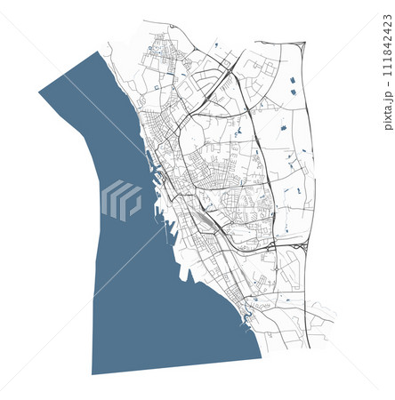 Map of Helsingborg, Sweden. Detailed city map, metropolitan area border. Map of Helsingborg, Sweden. Detailed city map, metropolitan area border. 111842423