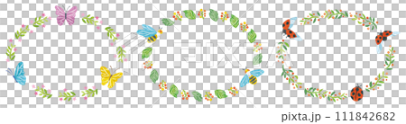春　昆虫　チョウチョ　ハチ　テントウムシ　丸フレームセット　横長 111842682