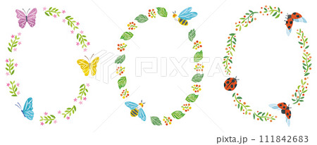 春　昆虫　チョウチョ　ハチ　テントウムシ　丸フレームセット　縦長 111842683